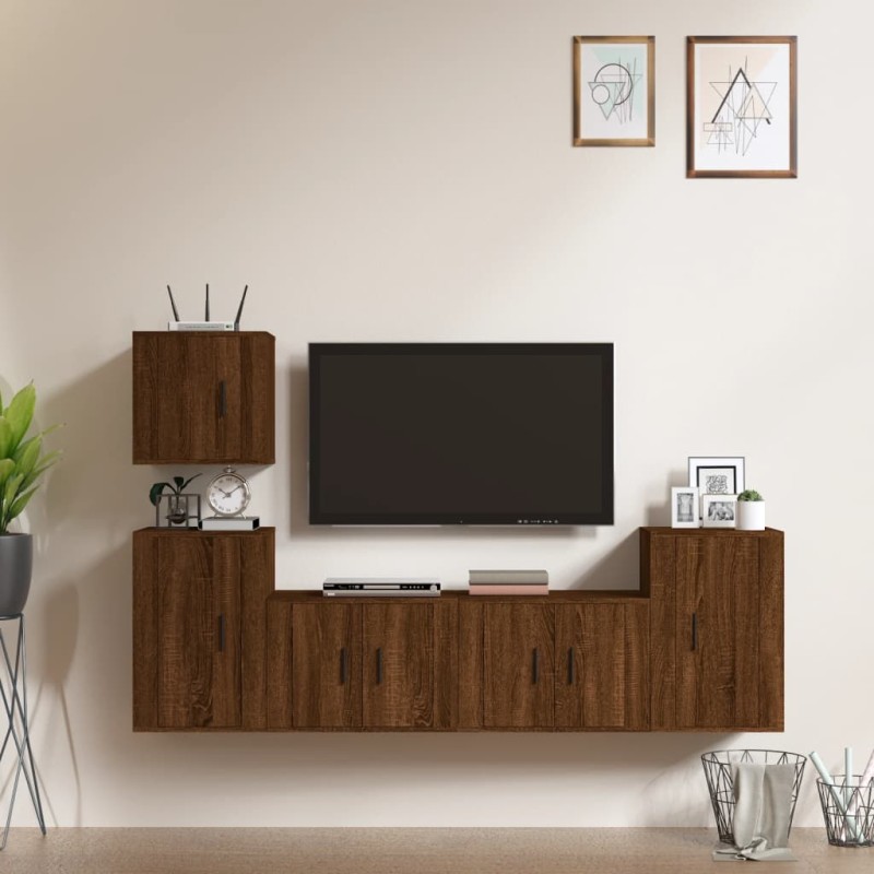 Set Mobili Porta TV 5 pz Rovere Marrone in Legno Multistrato Set Mobili Porta TV 5 pz Rovere Marrone in Legno Multistrato