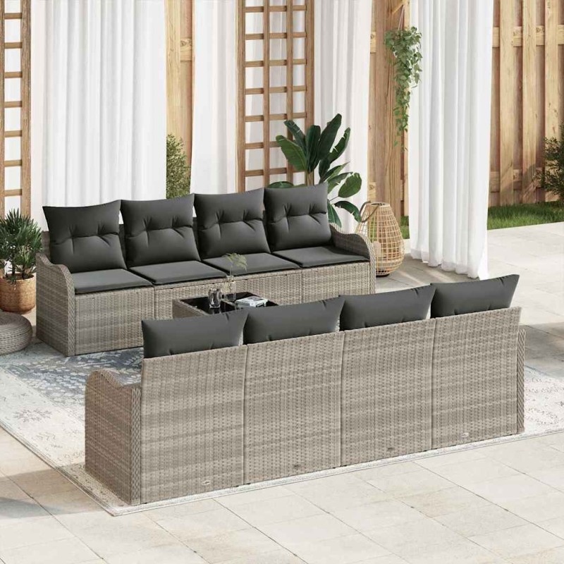 Set di Divani da Giardino vidaXL 9 Pezzi Grigio Chiaro Rattan Poliestere
