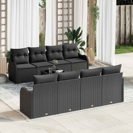 Set Divano Giardino 9 Pezzi con Cuscini Neri in Rattan Sintetico