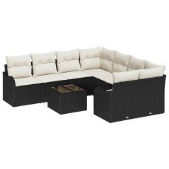 Set di divano da giardino a 9 pezzi con cuscini Nero Rattan