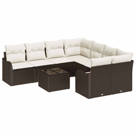 Set di Divani da Giardino a 9 Pezzi con Cuscini Marrone in Polyrattan
