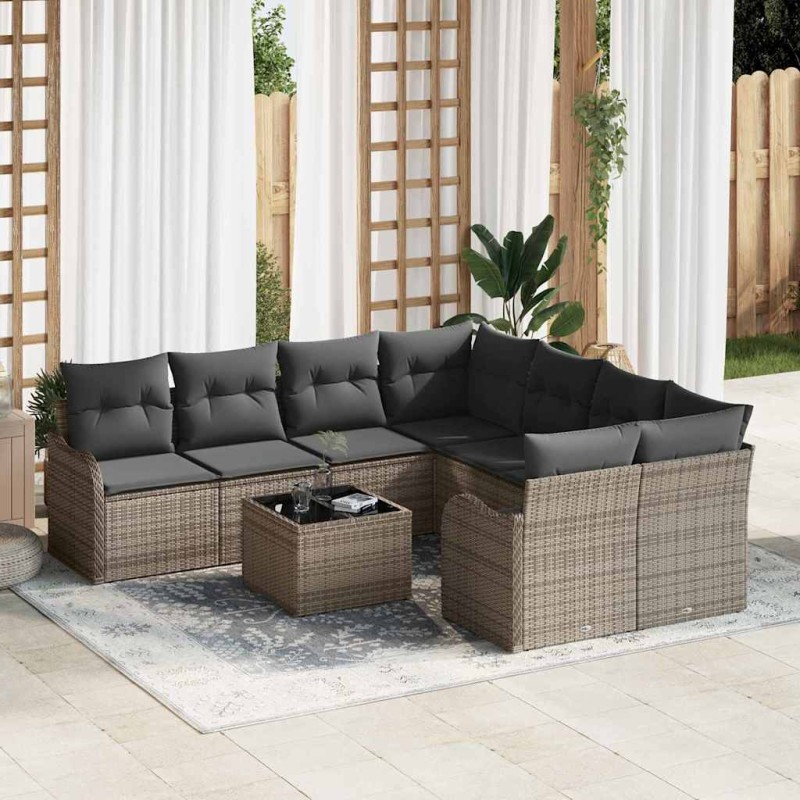 Set Divano da Giardino vidaXL 9 Pezzi con Cuscini Grigio Polyrattan