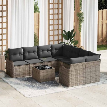Set Divano da Giardino vidaXL 9 Pezzi con Cuscini Grigio Polyrattan