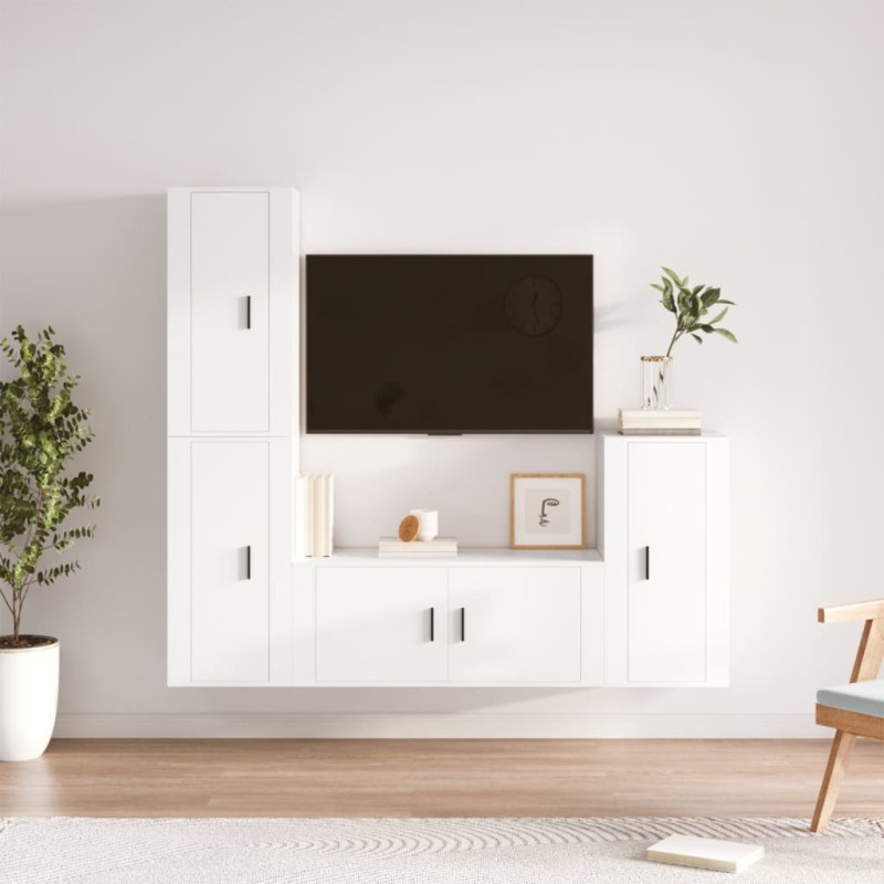 Set di Mobili Porta TV 4 pz Bianco in Legno Multistrato Set di Mobili Porta TV 4 pz Bianco in Legno Multistrato