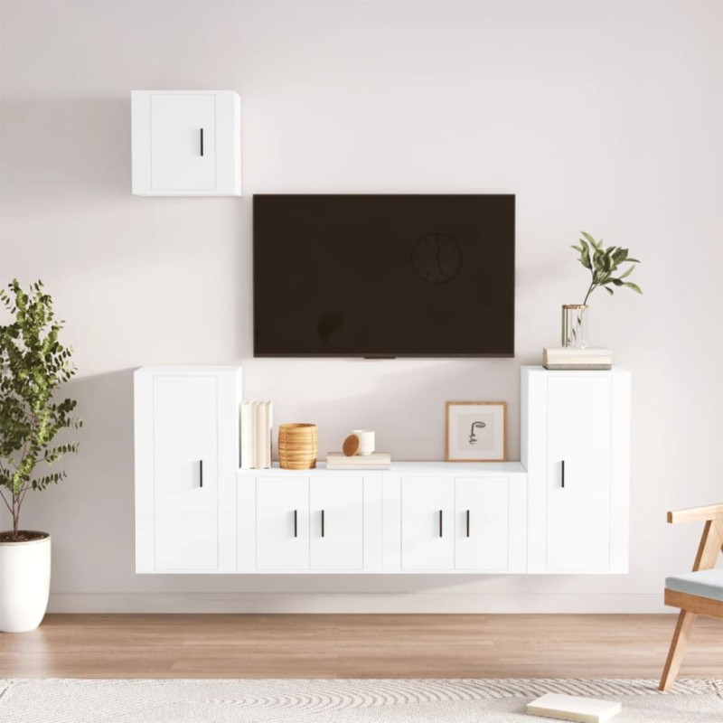 Set di Mobili Porta TV 5 pz Bianco Lucido in Legno Multistrato Set di Mobili Porta TV 5 pz Bianco Lucido in Legno Multistrato