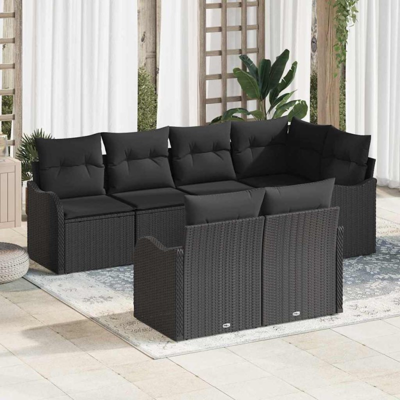 vidaXL Set di divani da giardino , 7 pezzi, con cuscini neri in rattan sintetico.