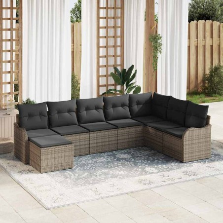 vidaXL Set da giardino con 8 pezzi e cuscini grigi in polyrattan.
