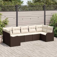vidaXL Set da giardino con 7 pezzi e cuscini marroni in polirattan.