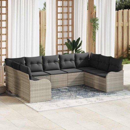 vidaXL Set Divano da Giardino 9 Pezzi con Cuscini Grigio Chiaro in Polirattan