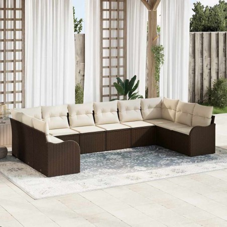 vidaXL Set Divano da Giardino da 10 Pezzi con Cuscini Marrone in Polyrattan