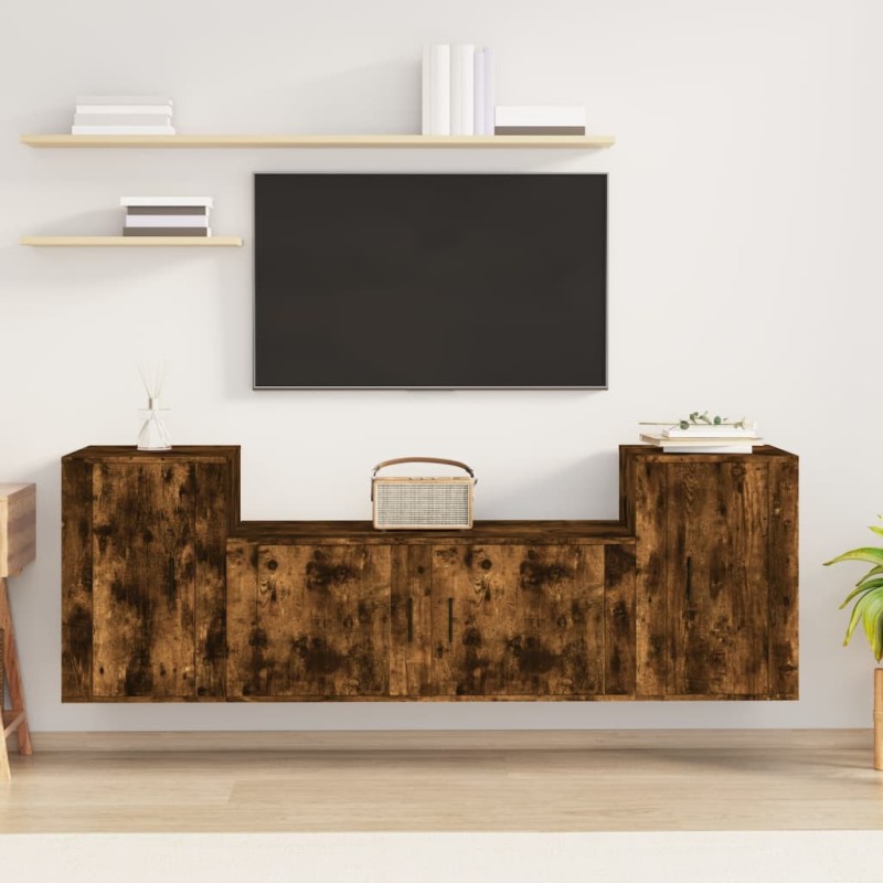 Set Mobili Porta TV 3 pz Rovere Fumo in Legno Multistrato Set Mobili Porta TV 3 pz Rovere Fumo in Legno Multistrato
