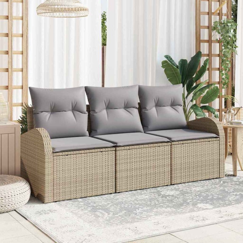 vidaXL Set di divani da giardino 3 pezzi con cuscini beige in rattan sintetico