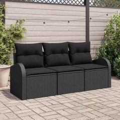 vidaXL Set divano da giardino 3 pezzi con cuscini neri in rattan sintetico.