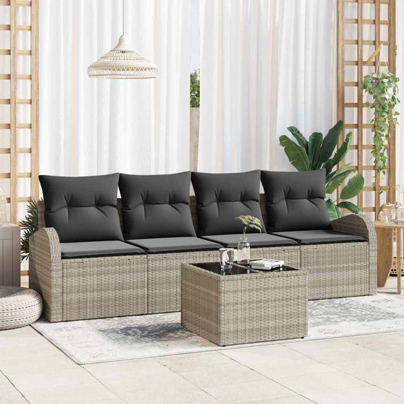 vidaXL Set Divani Giardino 5 Pezzi con Cuscini Grigio Chiaro Polirattan