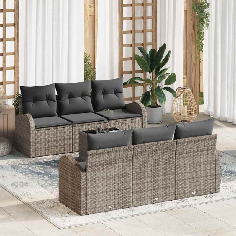 vidaXL Set Divano da Giardino 7 Pezzi con Cuscini Rattan Poliestere Grigio