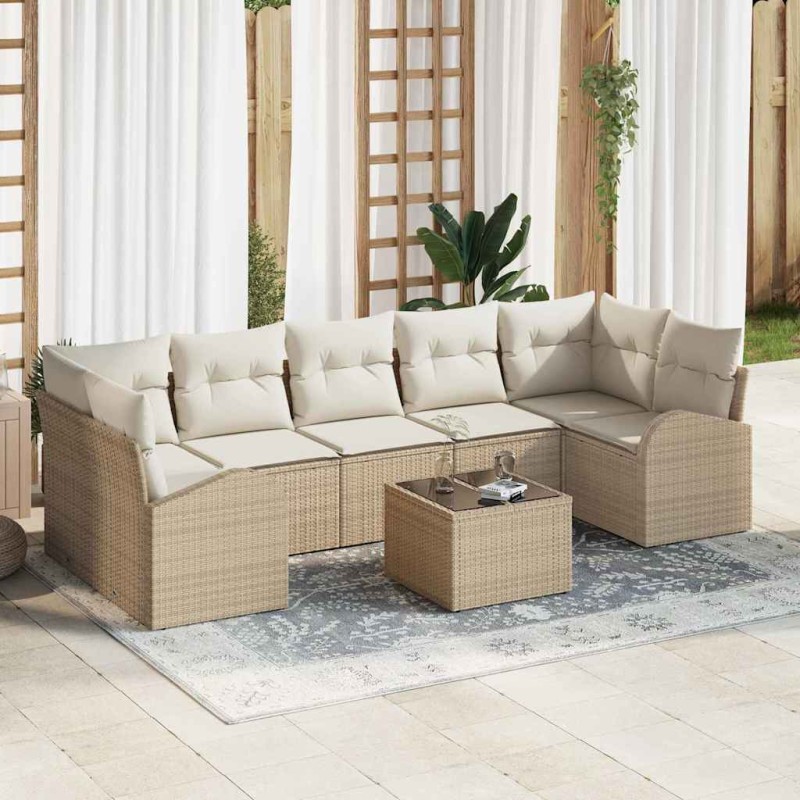 vidaXL Set Divano da Giardino 8 Pezzi con Cuscini Beige Poly Rattan