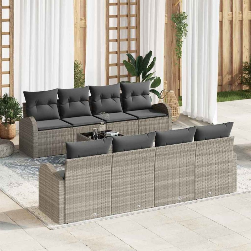vidaXL Set da giardino di 9 pezzi con cuscini grigio chiaro in polyrattan