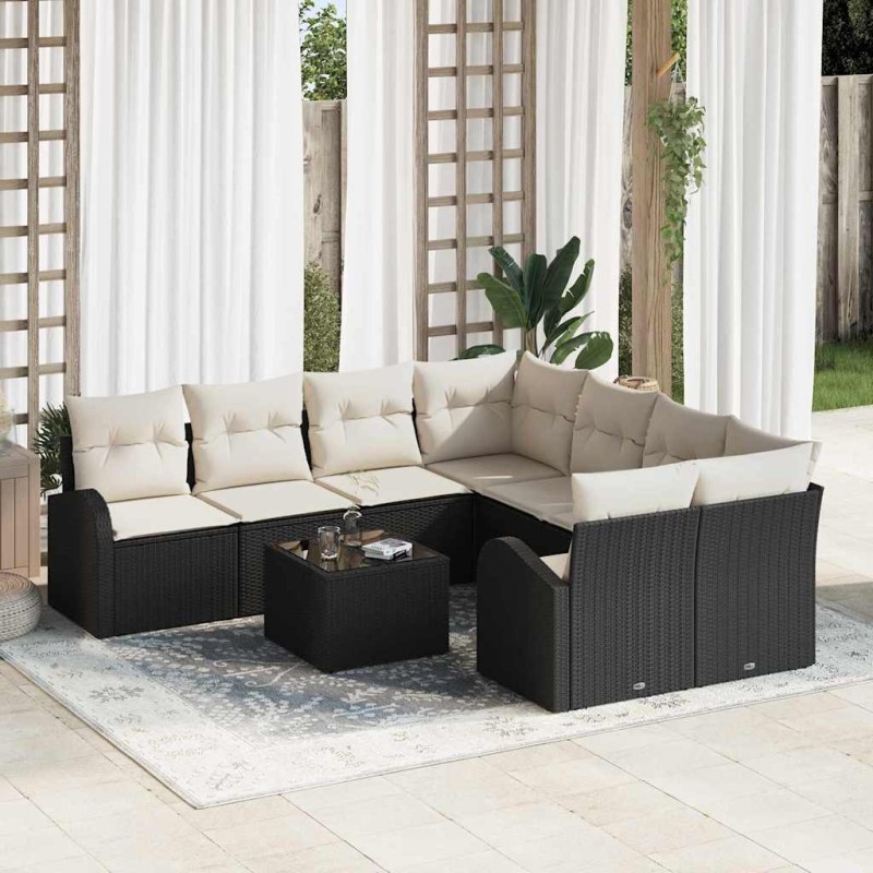 vidaXL Set Divano da Giardino a 9 Pezzi con Cuscini Rattan Nero Polyrattan