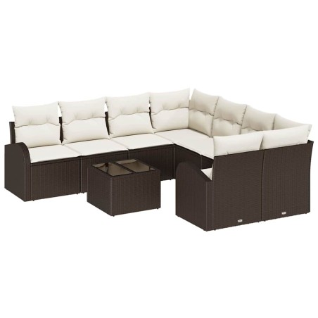vidaXL Set di divano da giardino in 9 pezzi con cuscini in rattan sintetico marrone