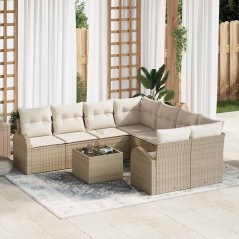 vidaXL Set di divano da giardino da 9 pezzi con cuscini Beige Polyrattan
