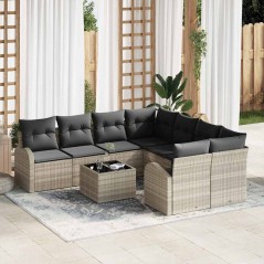 vidaXL Set di divani da giardino da 9 pezzi con cuscini grigio chiaro in polyrattan