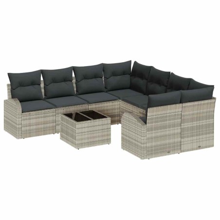 vidaXL Set di divani da giardino da 9 pezzi con cuscini grigio chiaro in polyrattan