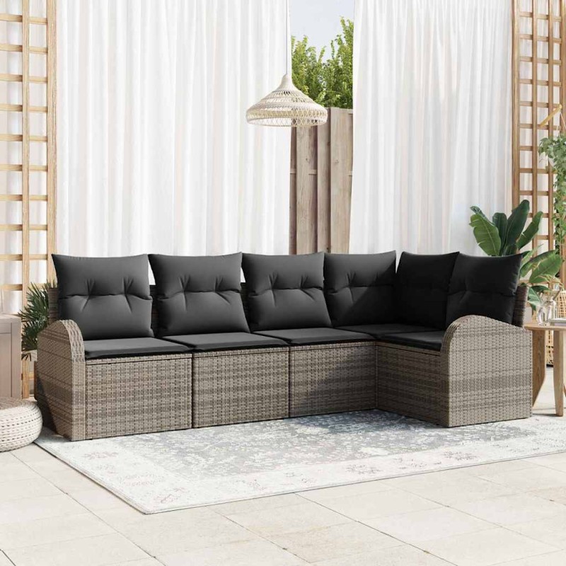 vidaXL Set di divani da giardino con 5 pezzi e cuscini grigi in rattan sintetico vidaXL Set di divani da giardino con 5 pezzi e cuscini grigi in rattan sintetico