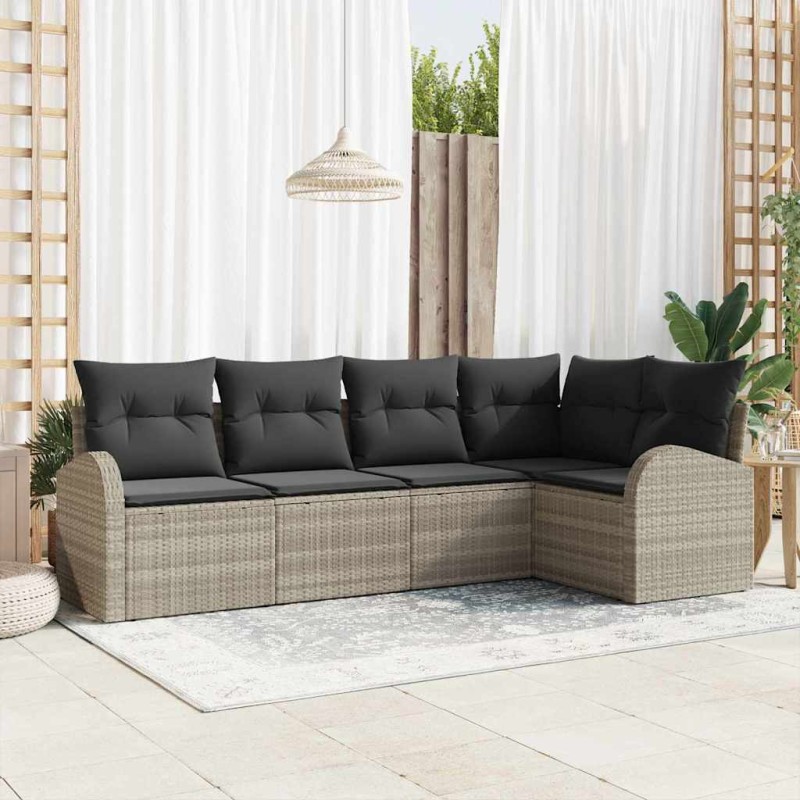 vidaXL Set Divano da Giardino 5 Pezzi con Cuscini in Rattan, Poliestere Grigio Chiaro