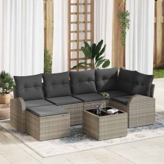 vidaXL Set di divani da giardino da 7 pezzi con cuscini grigi in rattan sintetico.