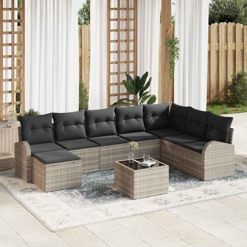 vidaXL Set di Divano da Giardino in 9 Pezzi con Cuscini Grigi in Rattan Sintetico