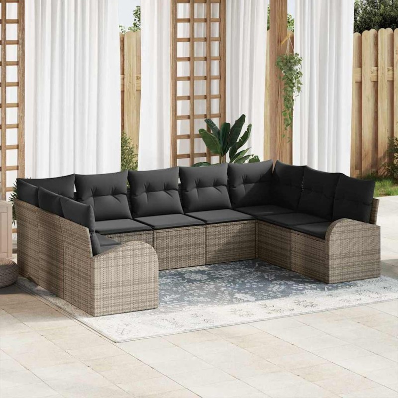 vidaXL Set Divano da Giardino 9 Pezzi con Cuscini Grigi in Poly Rattan