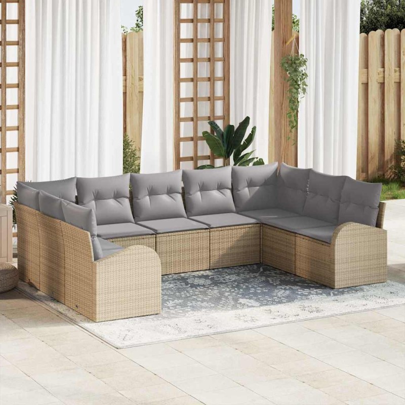 vidaXL Set Divano da Giardino 9 Pezzi con Cuscini Beige in Rattan Sintetico