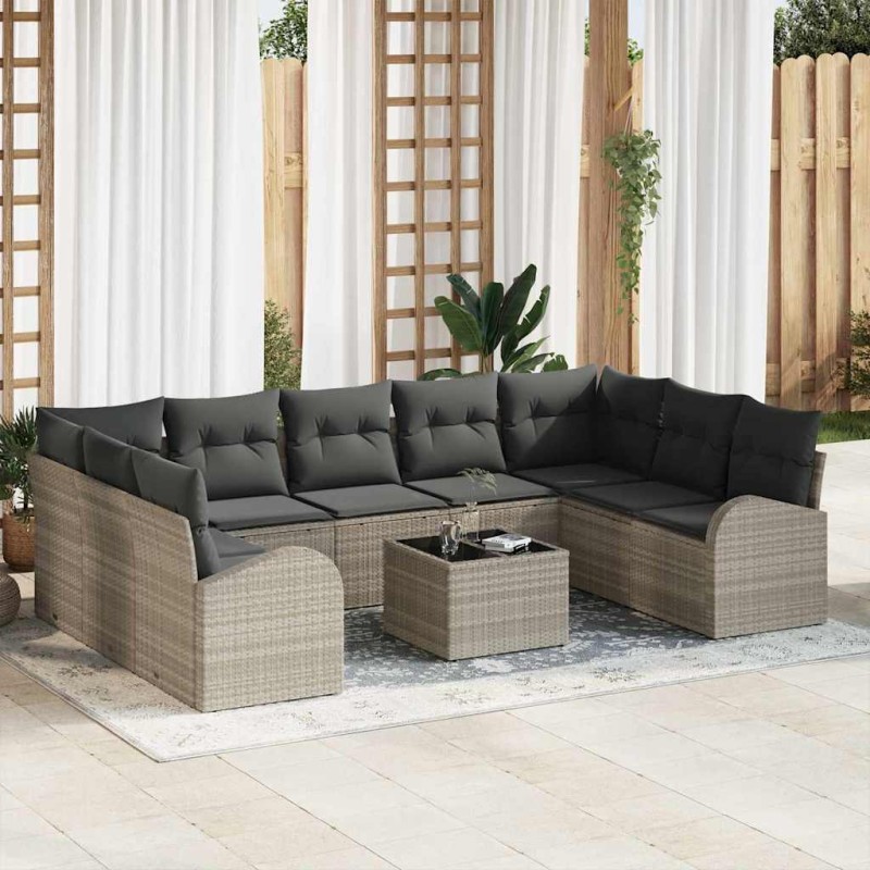 vidaXL Set di divani da giardino 10 pezzi con cuscini grigi in polirattan.