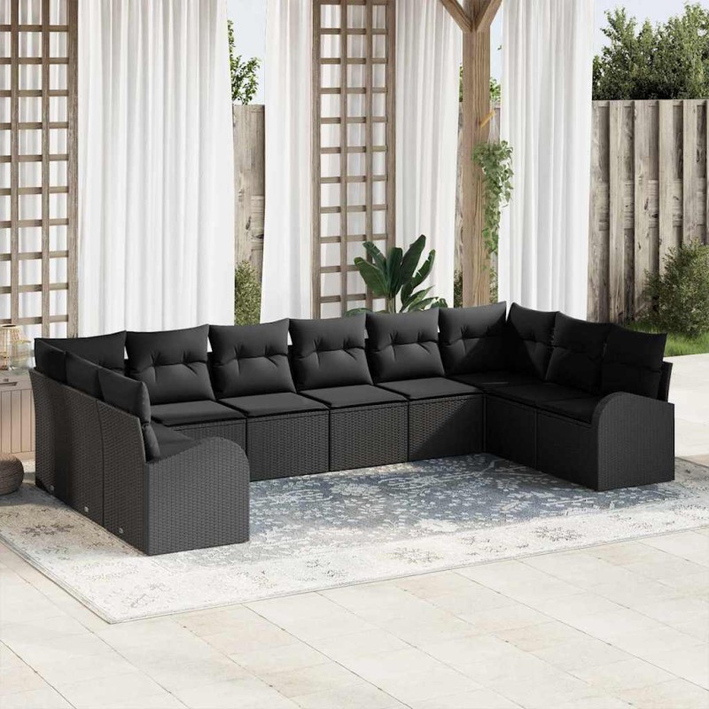 vidaXL Set di divani da giardino da 10 pezzi con cuscini in rattan nero