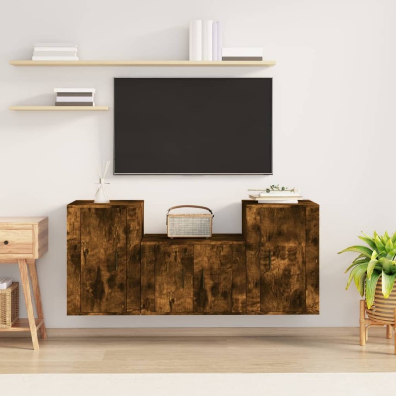 Set Mobili Porta TV 3 pz Rovere Fumo in Legno Multistrato Set Mobili Porta TV 3 pz Rovere Fumo in Legno Multistrato