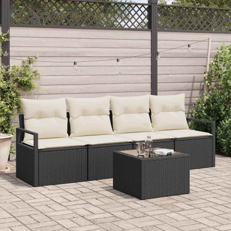 Set Divano da Giardino vidaXL 5 Pezzi con Cuscini Rattan Nero e Panna