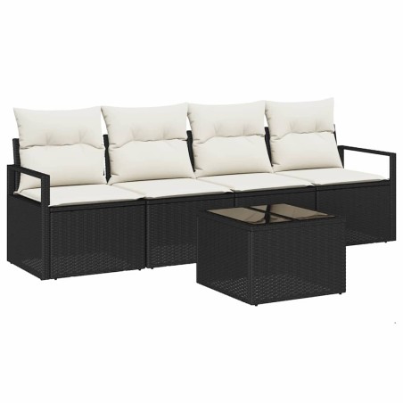 Set Divano da Giardino vidaXL 5 Pezzi con Cuscini Rattan Nero e Panna