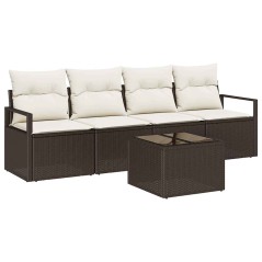 Set Divano da Giardino vidaXL a 5 Pezzi con Cuscini Marrone Polyrattan