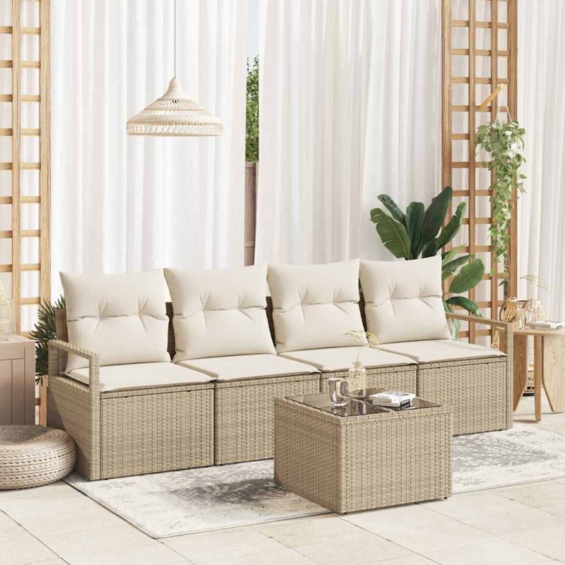vidaXL Set di Sofà da Giardino a 5 Pezzi con Cuscini Beige in Polyrattan vidaXL Set di Sofà da Giardino a 5 Pezzi con Cuscini Beige in Polyrattan