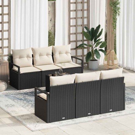 Set di Divano da Giardino vidaXL 7 Pezzi con Cuscini Nero Polyrattan