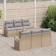 Set Divano da Giardino vidaXL 7 Pezzi con Cuscini Beige Polyrattan
