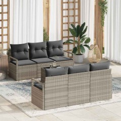 Set da giardino vidaXL 7 pezzi con cuscini grigio chiaro in polyrattan