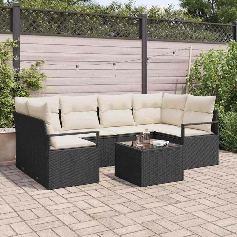 Set Divano da Giardino vidaXL 7 Pezzi con Cuscini Nero Polyrattan
