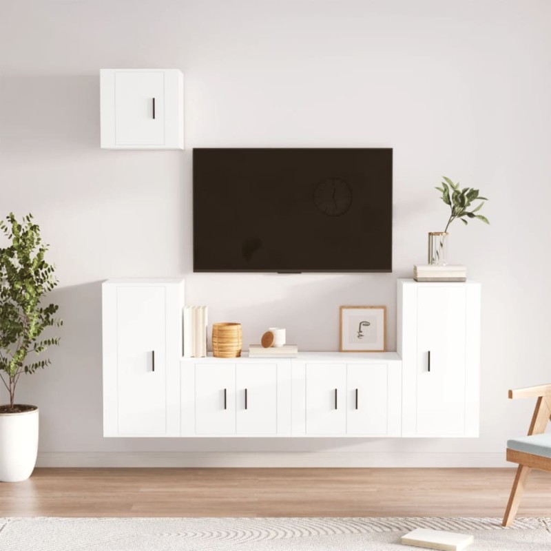 Set di Mobili Porta TV 5 pz Bianco in Legno Multistrato Set di Mobili Porta TV 5 pz Bianco in Legno Multistrato