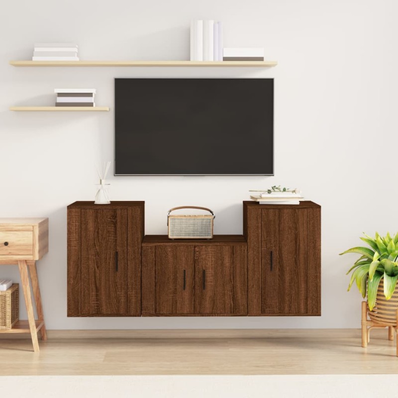 Set Mobili Porta TV 3 pz Rovere Marrone in Legno Multistrato Set Mobili Porta TV 3 pz Rovere Marrone in Legno Multistrato