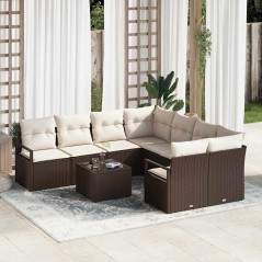 Set divano da giardino vidaXL a 9 pezzi con cuscini in polyrattan marrone