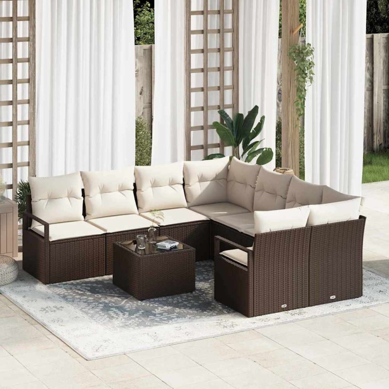 Set divano da giardino vidaXL a 9 pezzi con cuscini in polyrattan marrone Set divano da giardino vidaXL a 9 pezzi con cuscini in polyrattan marrone