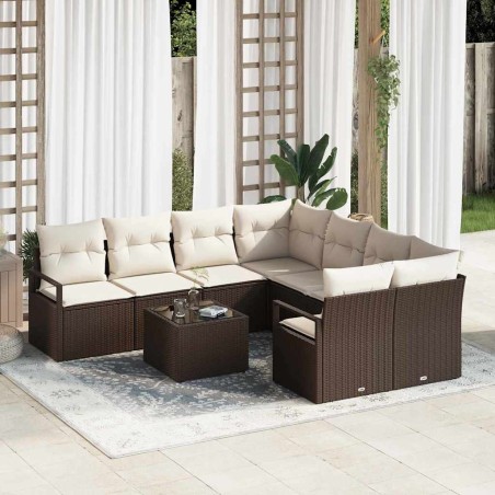 Set divano da giardino vidaXL a 9 pezzi con cuscini in polyrattan marrone