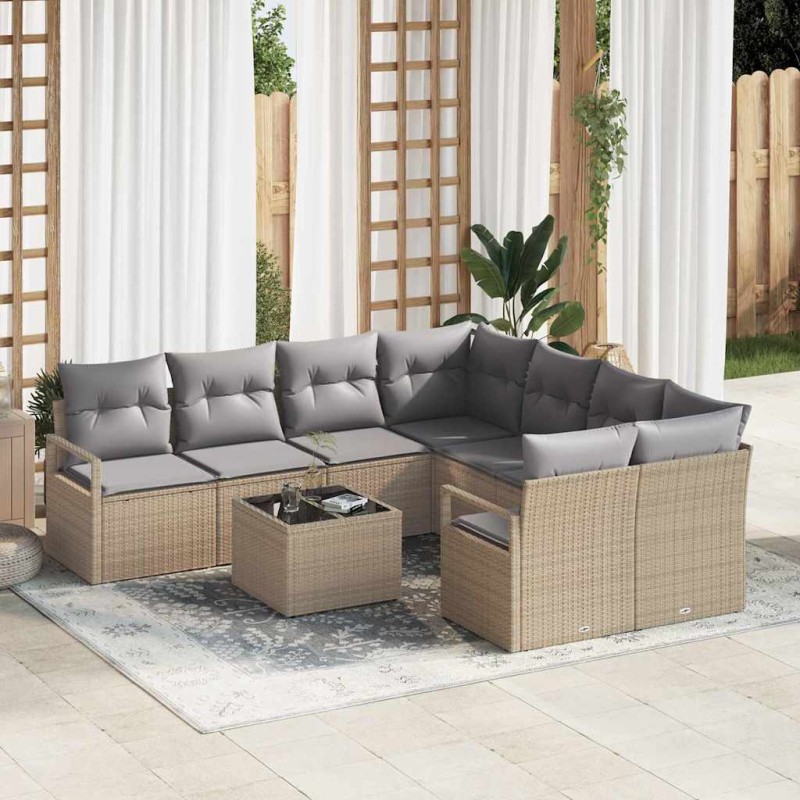 Set da giardino a 9 pezzi di vidaXL con cuscini Beige Rattan