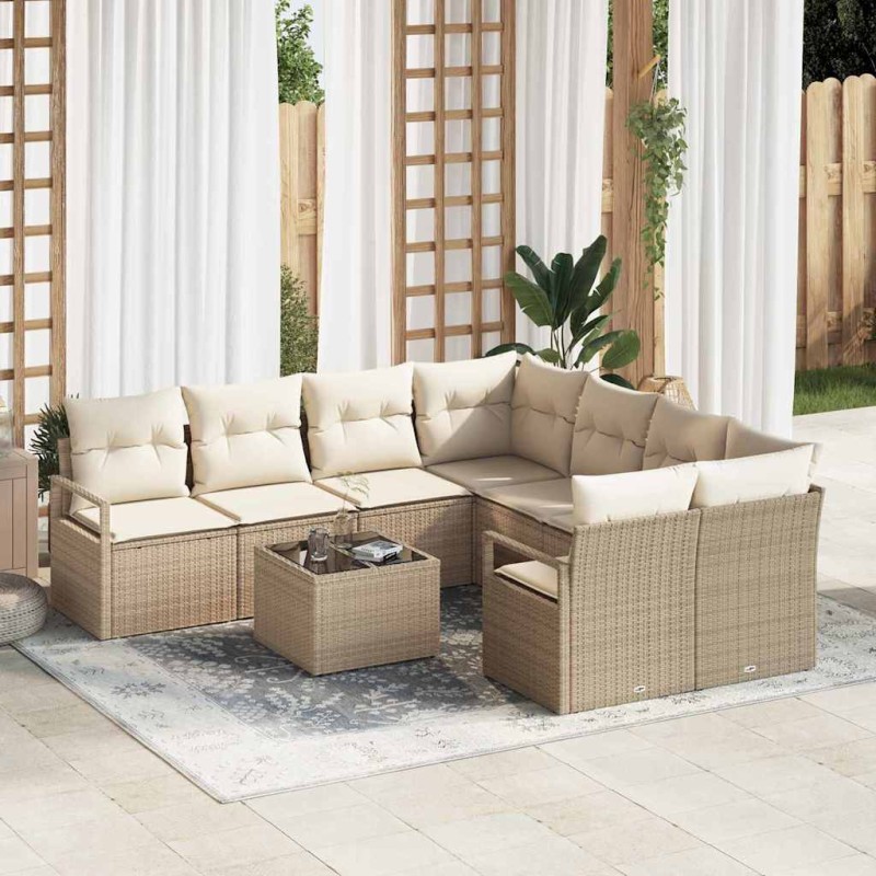 Set Divano da Giardino vidaXL 9 Pezzi con Cuscini Beige Rattan Sintetico